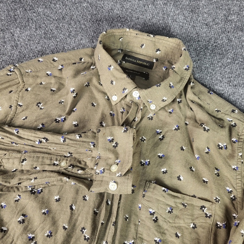 Banana Republic Untucked Slim Fit Floral Button Down Shirt Olive Green Mens L